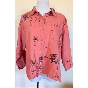 Chico’s Coral Linen Animal Sketch Blouse L 12